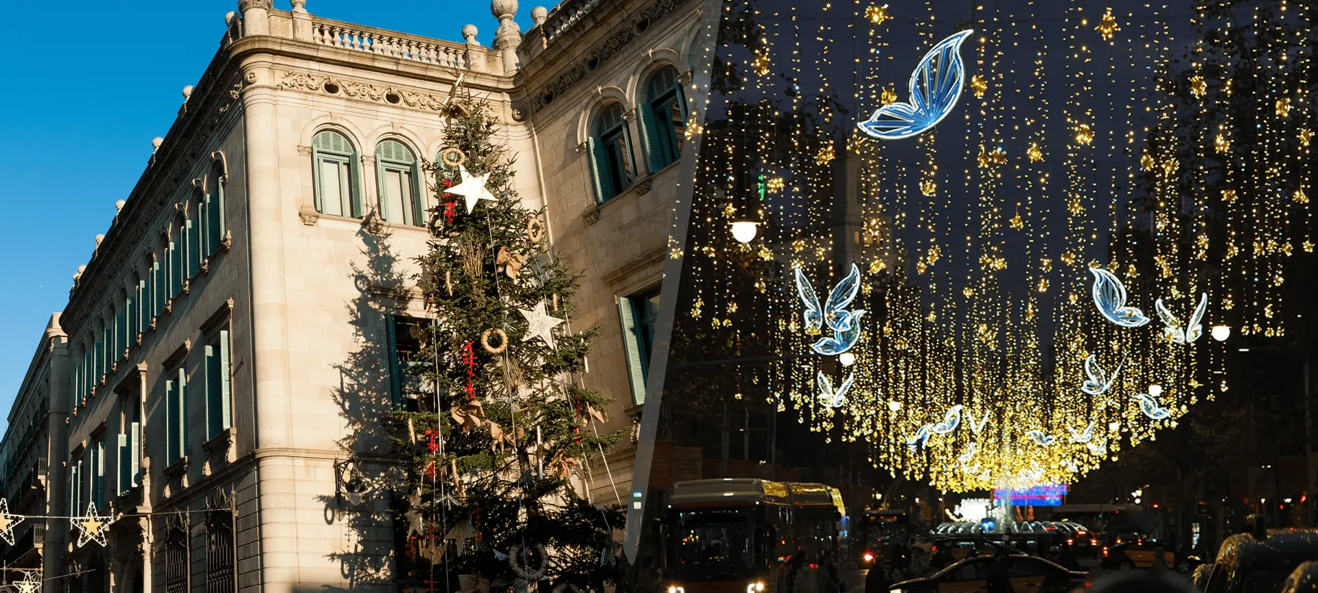 Historic building decorated with Christmas garlands and illuminated angel ornaments at night.