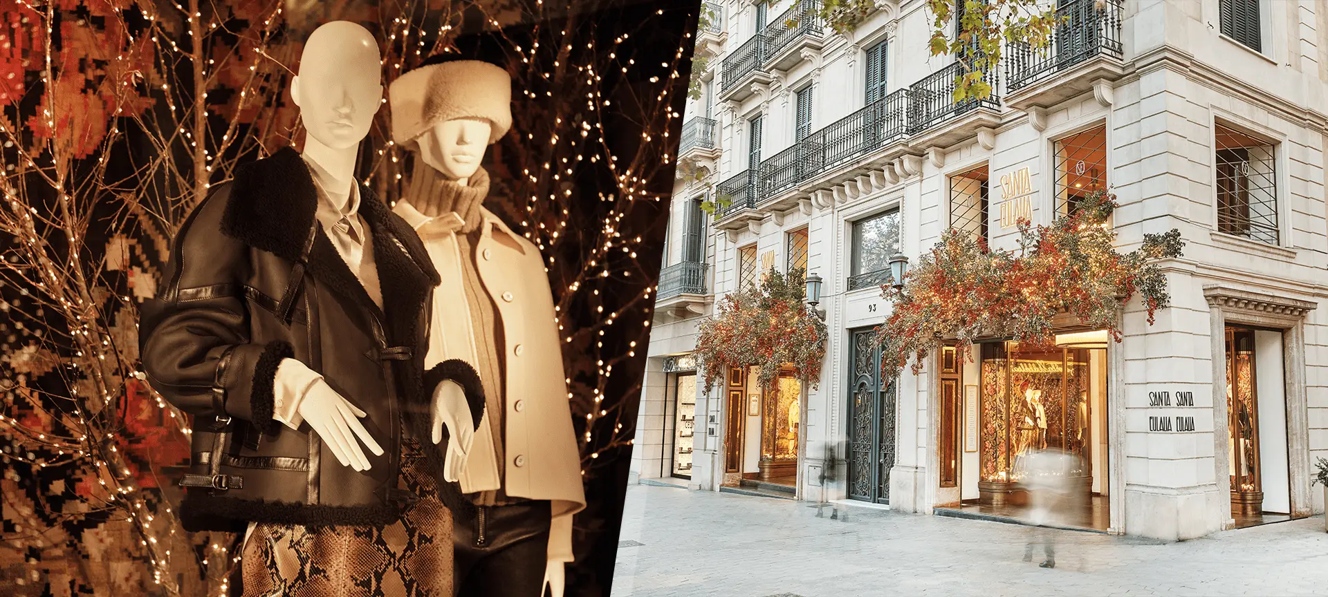 Mannequins in winter coats displayed in a lit shop window beside a Barcelona street with luxury boutiques.