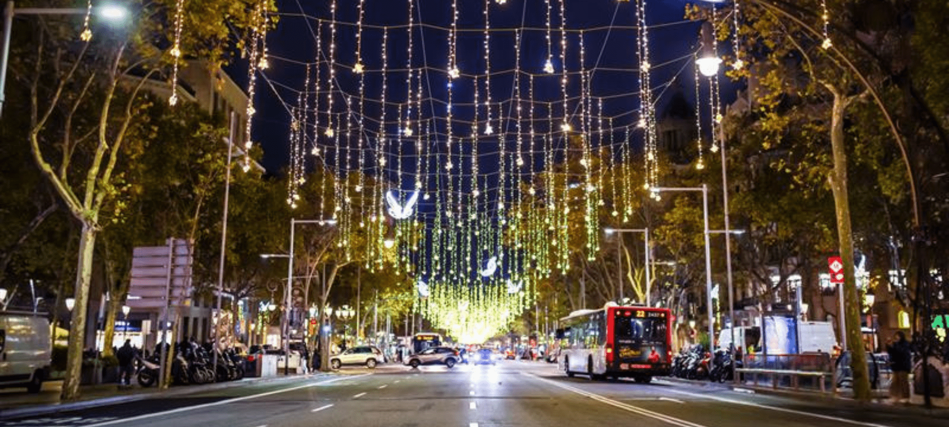 Image of Barcelona's Passeig de Gràcia illuminated with Christmas lights.