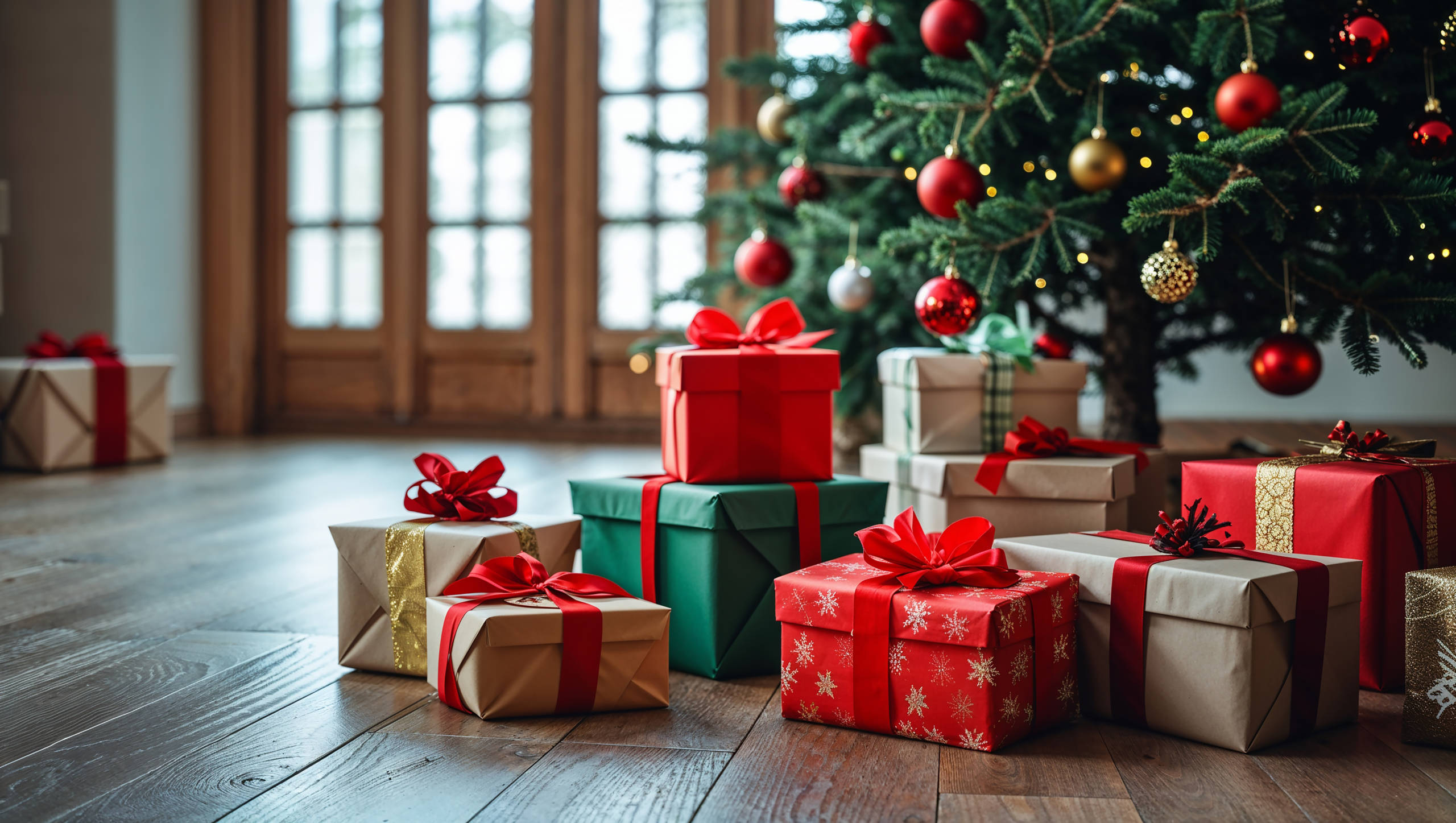 Several wrapped gifts under a Christmas tree, part of Marina Port Vell’s initiative to raise funds so that over 100 families in Barceloneta receive gifts for Epiphany, creating a festive and supportive holiday atmosphere